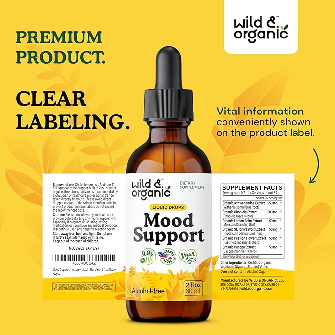 Wild &amp Organic Mood Support Drops - Good Mood Supplements w/Ashwagandha Root &amp Rhodiola Rosea - Natural Liquid Drops for Positive Energy - Calm and Relax Supplements for Women and Men - 2 oz