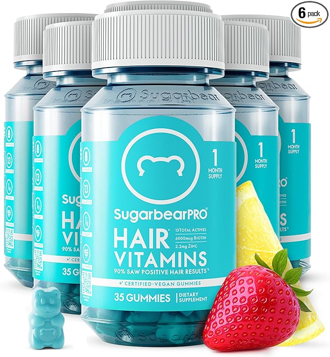 SugarBearPro Hair Vitamin Gummy 6 Month Supply Extra Strength Biotin 6000mcg Growth for Men &amp Women Vegan Vitamin B12 MSM Inositol Omega 3 Elderberry Certified Kosher Halal Cruelty-Free