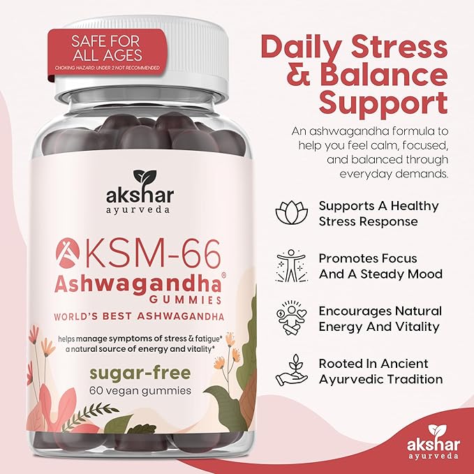 AKSHAR Ayurveda Ashwagandha KSM-66 Gummies Organic Ashwagandha Supplements for Focus Increase Energy &amp Strength Chicory Root Fiber &amp Natural Cherry Flavor (60 Count (Pack of 2))