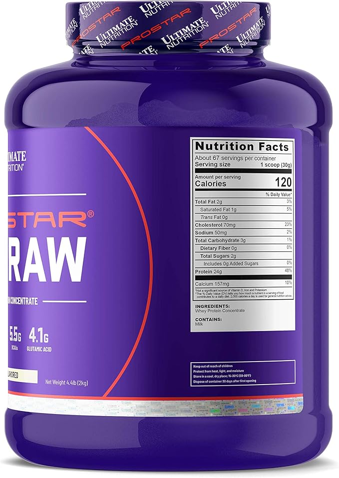 Ultimate Nutrition Prostar Raw Whey Protein Concentrate Powder Low Carb Low Fat Keto Friendly 24 Grams of Protein Per Serving with 5.5 Grams of BCAAsUnflavored 67 Servings 4.4 Pounds