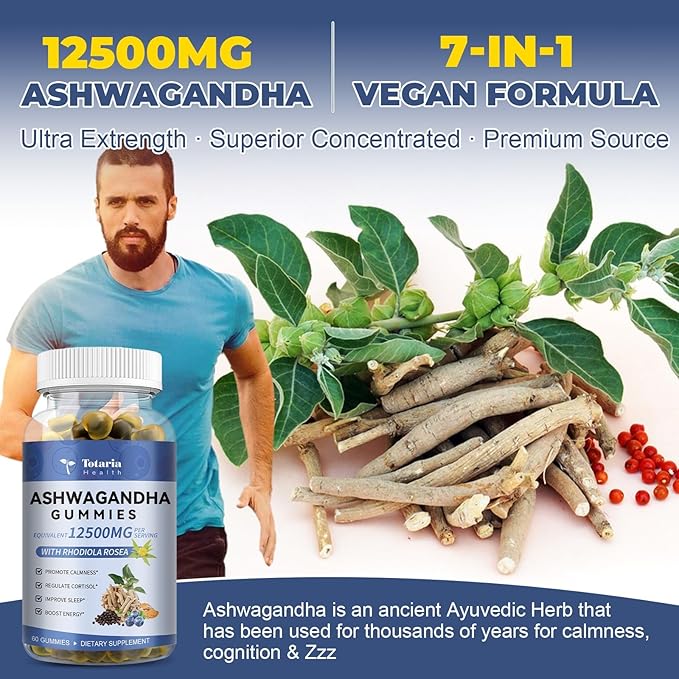 (2 Packs) Sugar Free Ashwagandha Filled Gummies w/Vitamin D3 Magnesium Glycinate Rhodiola Ultra Strength Ashwa Root Supplements for Women &amp Wen for Relaxation Energy Cortisol Gummies