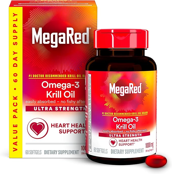 MegaRed Ultra Strength 1000mg Omega-3 Krill Oil Supplement with EPA/DHA Astaxanthin &amp Phospholipids No Fish Oil Aftertaste Supports Heart Brain Joint and Eye Health 60 Count Softgels.