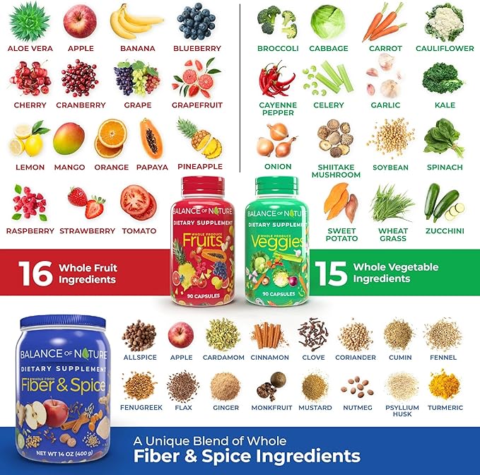 Balance of Nature Whole Health System - Whole Food Fruits &amp Veggies and Fiber &amp Spice Supplements - 30 Servings Each