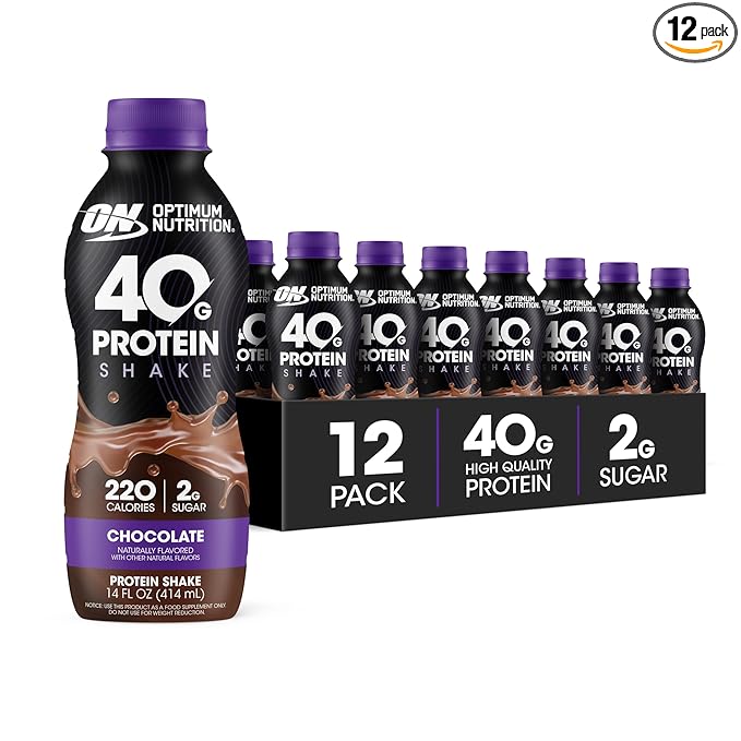 Optimum Nutrition 40g Protein Shake 40g of Protein Naturally Flavored Complete Protein Drink Chocolate 14 Fl Oz 12 Count (Pack of 1) (Packaging May Vary)