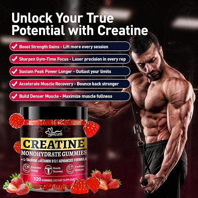 Creatine Gummies for Men &amp Women Creatine Monohydrate Gummies 5g Creatine per Serving Gluten Free Vegan Friendly Strawberry Flavor 120 Count