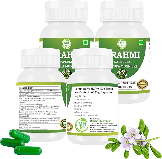 Brahmi Capsules | Bacopa Monnieri Extract | 500mg Each | Non-GMO Vegan Gluten-Free | Natural Herbal Supplement | 240 Vegetarian Capsules | Pack of 4 Bottle
