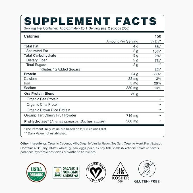 Ora Vegan Protein Powder for Lifelong Strength - 23g Per Serv - Plus Tart Cherry for Joint Health &amp ProHydrolase for Protein Absorption - Organic Gluten-Free - Vanilla Flavor 20 Servings