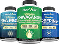 Nutrivein Premium Irish Sea Moss Capsules Berberine Supplements and Ashwagandha Supplements Bundle: High-Absorption Berberine Hcl Ashwagandha Root Extract &amp Sea Moss for Digestion &amp Daily