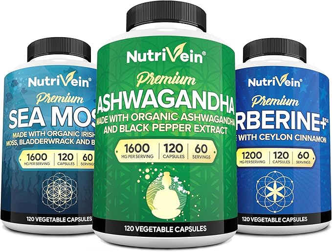 Nutrivein Premium Irish Sea Moss Capsules Berberine Supplements and Ashwagandha Supplements Bundle: High-Absorption Berberine Hcl Ashwagandha Root Extract &amp Sea Moss for Digestion &amp Daily