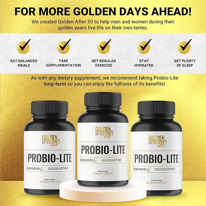 Golden After 50 Probio-Lite - for Gut Health and Digestion Support - Probiotics for Men and Women - 30 Gelatin Capsules - Probiotics for Occasional Heartburn Gas Indigestion