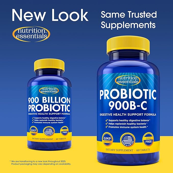Nutrition Essentials Probiotics for Women and Men with Natural Lactase Enzyme &amp Prebiotic Fiber for Digestive Health - 80percent + Stronger Supplement for Gut Health Support - 3 Count of 60 Tablet