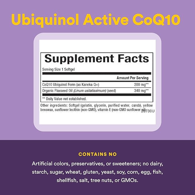 Natural Factors Ubiquinol 200 mg - Supports Heart Health &amp Natural Vitality - Antioxidant Support Supplement with Superior Absorption - Energy Support with Flaxseed Oil - 60 Softgels (60 Servings)