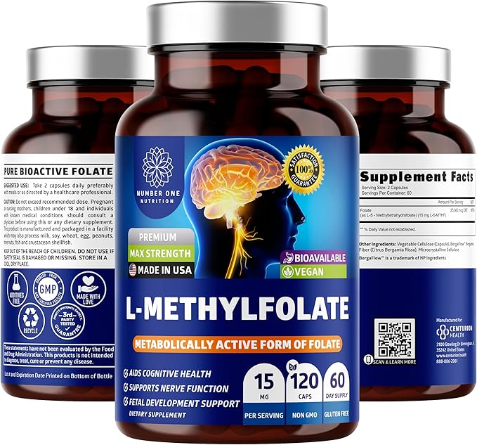 Number One Nutrition Premium L-Methylfolate 12.75MG Extra Strength 5-MTHF Active Methylfolate Supplement for Energy and Cognitive Support Gluten-Free and Non-GMO 120 Capsules