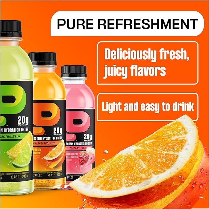 Protein2o Hydration Drink - 2-in-1 Liquid Clear Whey Protein Isolate and Electrolyte Drink - 20g Protein Vitamins B5 B6 - Post-Workout Recovery - 16.9 Fl Oz - 12 Count Orange Mango