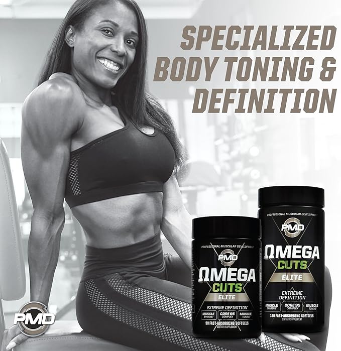PMD Sports Omega Cuts Elite Fat Loss-Muscle Defining Formula - Omega Fatty Acids MCT's and CLA for Muscle Definition and Maintenance - Keto Friendly for Women and Men - Stimulant Free (90 Softgels)