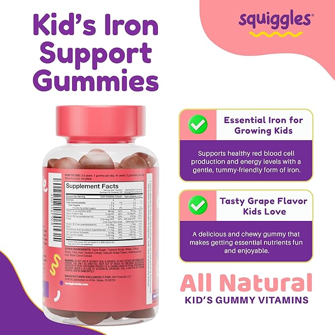 Squiggles Sniffle Berries (100 Count) + Daily Iron Gummies (100 Count) Duo - Tasty Chewy Gummy - Kids Immune Booster