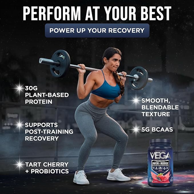 Vega Sport Vegan Protein Powder + Recovery - 30g Plant Based Protein per Serving Berry 19 Servings 5g BCAAs Probiotics NSF Certified for Shakes &amp Smoothies 1.8lbs (Packaging May Vary)