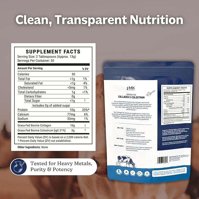 MK Supplements Grass-Fed Collagen &amp Colostrum Powder | 10g Collagen + 3g Colostrum (IgG 21%) Per Serving | Unflavored | Gut Skin &amp Joint Support | 30 Servings