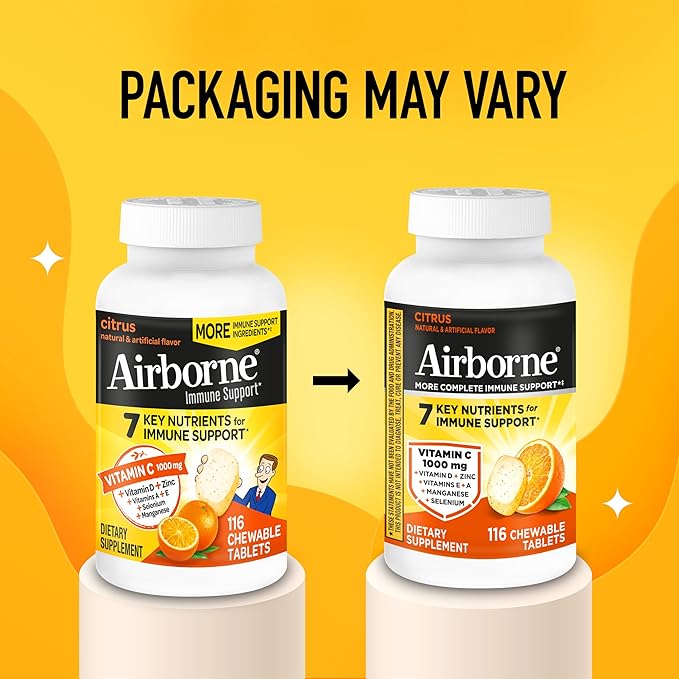 Airborne Vitamin C 1000mg (per Serving) - Citrus Chewable Tablets (116 Count in a Bottle) Gluten-Free Immune Support Supplement with Vitamins A C E Zinc Selenium Echinacea Ginger Antioxidants