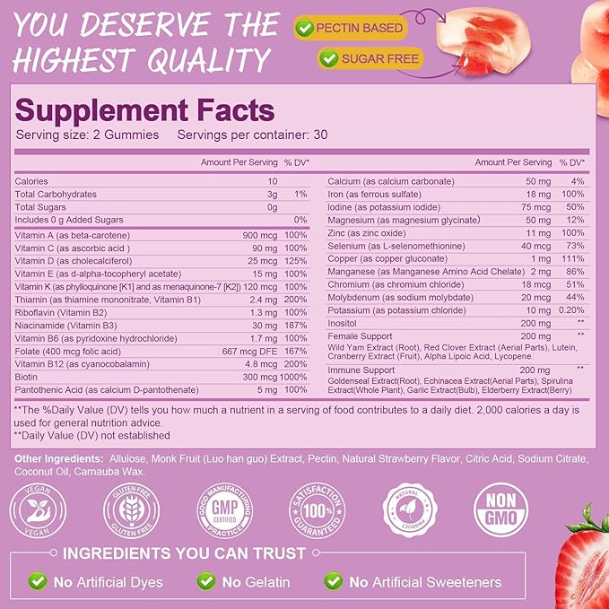Totaria Sugar Free Multivitamin Gummies for Women 14+ w/Iron Inositol Folate Biotin Womens Daily Multivitamin Gummy w/Vitamin A C B D3 K2 for Hair Skin Energy Immune Strawberry Flavor