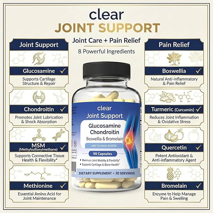 Clear Joint Support - 1500mg Glucosamine Chondroitin MSM - 8 in 1 Joint Health Supplement with Turmeric and Boswellia for Men &amp Women Knee Hip &amp Back Support Made in USA 90 Capsules