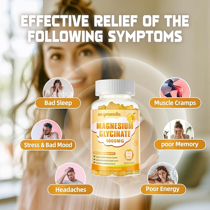 Magnesium Glycinate Gummies 1000mg - Sugar Free Magnesium Potassium Supplement with Vitamin D B6 CoQ10 for Calm Mood &amp Sleep Support - 120 Orange Gummies 2 Pack