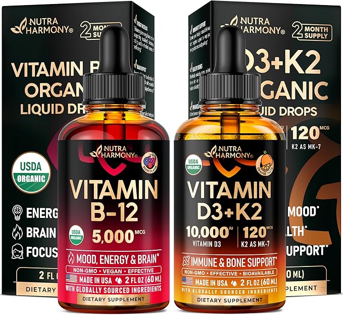 NUTRAHARMONY Organic Vitamin B12 &amp Vitamin D3 K2 Drops