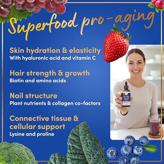 WINDSOR BOTANICALS Vegan Collagen Builder Liquid Supplement - Collagen Booster with Vitamin C Biotin Hyaluronic Acid &amp Amino Acids - Organic Fruit &amp Vegetable Blend - 120ml 60 Day