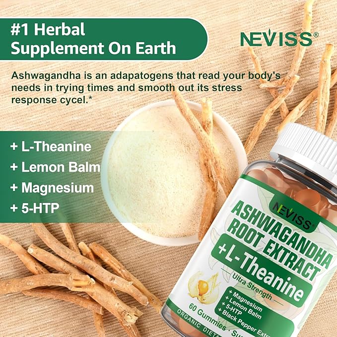 NEVISS Ashwagandha Gummies 2000mg Feel Refreshed Plus Proprietary Blend with L-Theanine 5-HTP Lemon Balm Magnesium for Calm Zzzs &amp Relaxation Support 120 Count