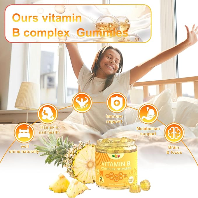 Vitamin B Complex Gummies for Adult Kid-Pineapple Flavor-Chewable Supplement with 8 Essential B Vitamins (B1 B2 B3 B5 B6 B7 B9 B12) Non GMOVegan 60 Count