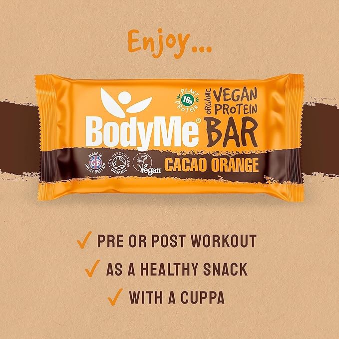 BodyMe Organic Vegan Protein Bar | Raw Cacao Orange | Box of 12 x 60g (2.12oz) | with 3 Plant Proteins