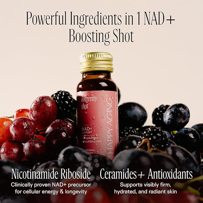 Happy Aging Liquid NAD+ Resveratrol Supplement NMN Alternative Liposomal Nicotinamide Riboside &amp Antioxidants for Energy Support Brain Health Firm Skin Twice Weekly Use 60 Shots