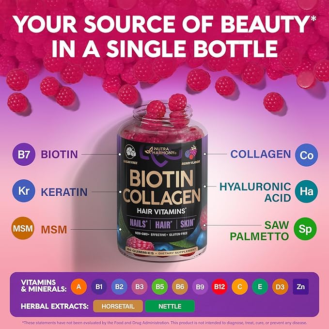 Biotin Gummies with Collagen - Hair Growth Support Skin &amp Nail Strength - for Women &amp Men - Biotin 10000mcg | Keratin | Hyaluronic Acid | B-Complex | Saw Palmetto - Sugar-Free Mixed Berry P