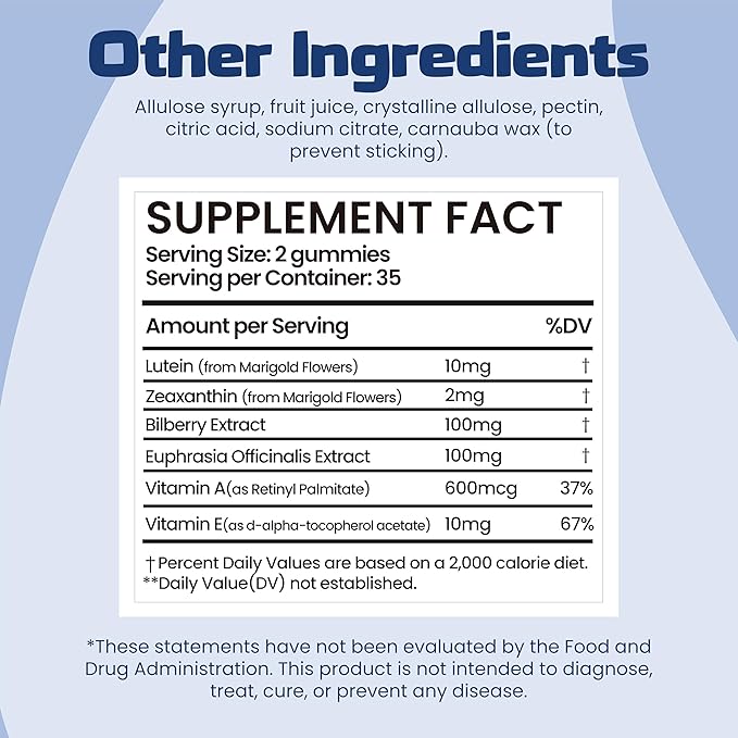 AmpUp Eye Wellness Sugar-Free Gummies with Lutein &amp Zeaxanthin Bilberry &amp Vitamin A + E Gluten Free Gelatin Free Non GMO Vegetarian Blueberry Flavor 70 Gummies