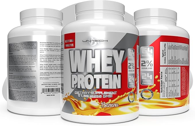 Unitech USK Whey Protein Banana Powder | Muscle Repair &amp Metabolism Support | Protein with Essential Amino Acids Enzymes &amp Minerals | Sports Supplement | Banana Flavor 80oz