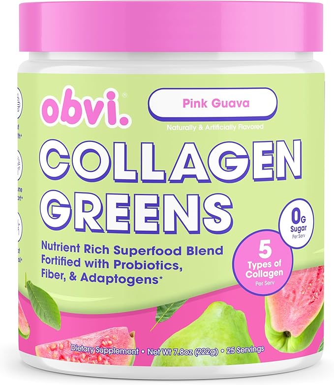 Obvi Collagen Greens - Collagen Greens Powder for Overall Wellness - Nutrient-Rich Superfood Blend - Healthy Digestion - Radiant Skin - Pink Guava - 7.8 oz (25 Servings)