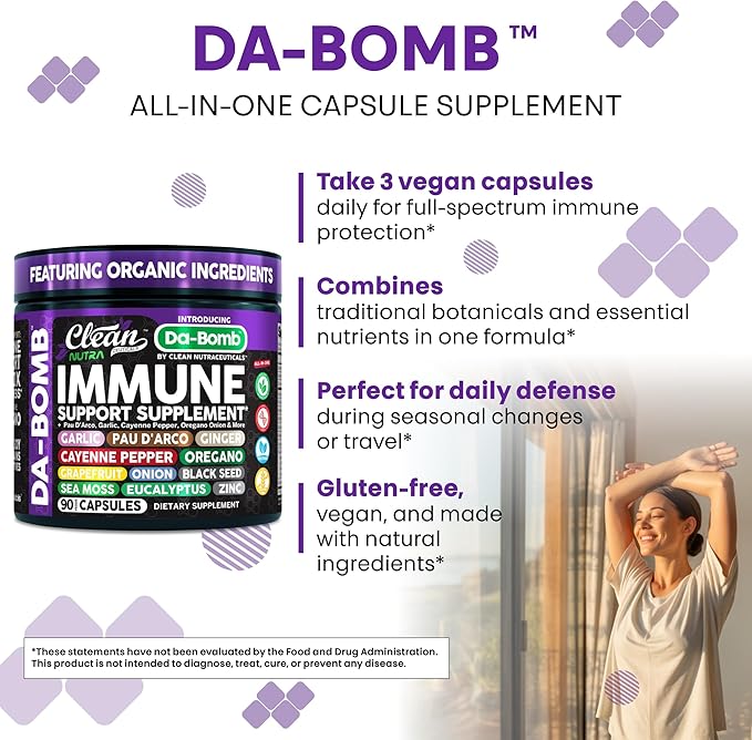 Organic Immune Support with PAU D'Arco Garlic Cayenne Pepper Oregano Ginger Grapefruit Onion Black Seed Sea Moss Black Pepper Zinc Eucalyptus Vitamin C Vitamin D Organic Soursop by Clean Nutra