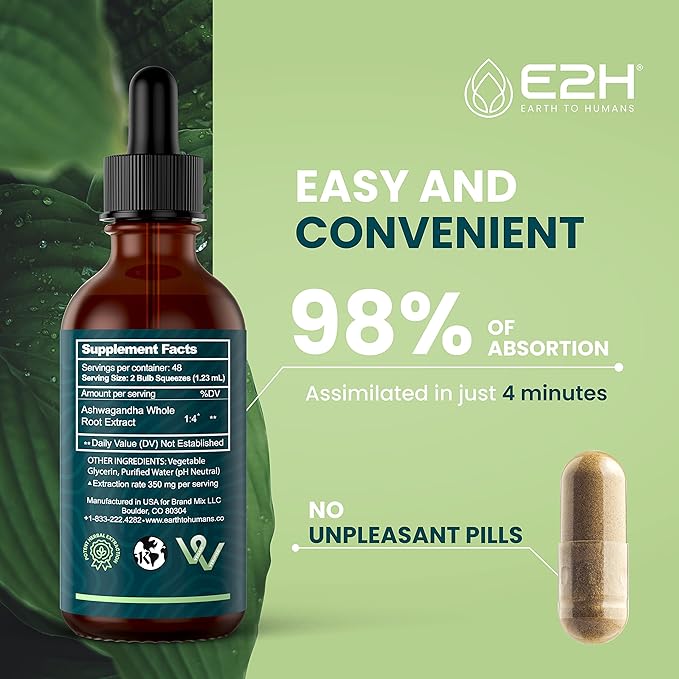 E2H Ashwagandha Liquid Drops - All-Natural Ashwagandha Supplement for Stress Relief and Mood Enhancer- Organic Ashwagandha Root Extract Effective Cortisol Manager | Non-GMO Vegan | 2 Fl Oz