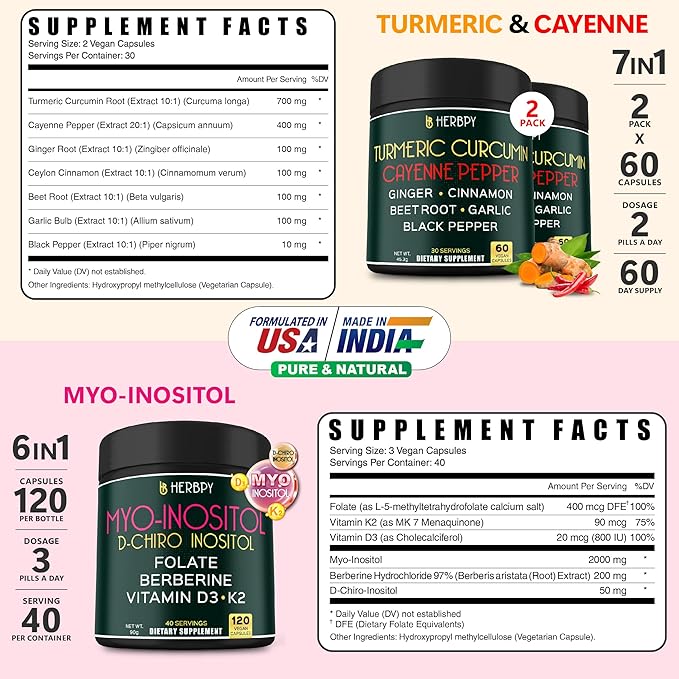 Bundle 2-Pack 60 Count 7in1 Turmeric Curcumin Supplement &amp 6in1 Myo-inositol &amp D-Chiro Inositol Supplement for Women 120 Count - Digestion Heart &amp Overall Health