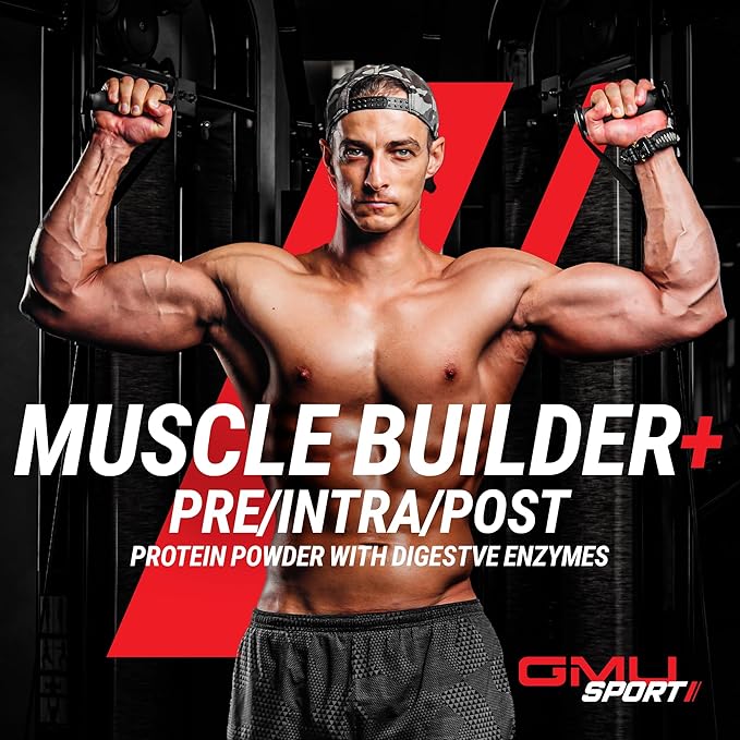 GMU SPORT – Muscle Builder+ Protein with 3g Creatine 1.5g HMB Collagen &amp Enzymes | 25g Protein 28g Carbs 240 Calories | Low Sugar Whey Protein for Strength Recovery &amp Muscle Growth – 20 S