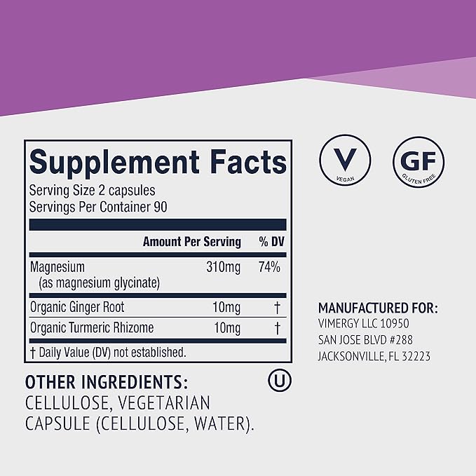 VIMERGY Magnesium Glycinate – Stress Support – Chelated to Avoid Tummy Upset*– Promotes Heart Health &amp Energy*– Kosher Vegan Gluten-Free – 180 Caps