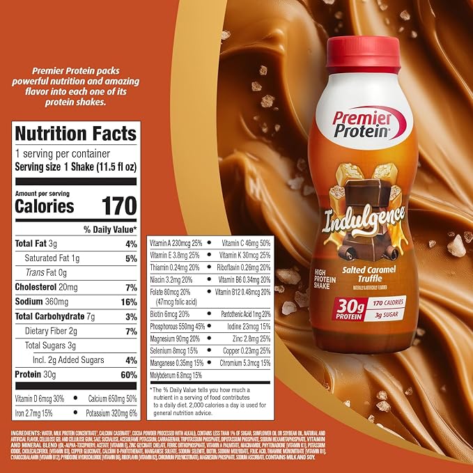 Premier Protein Shake INDULGENCE Salted Caramel Truffle 30g Protein 170 Calories 3g Sugar 11.5 fl oz 12 Pack (Packaging May Vary)