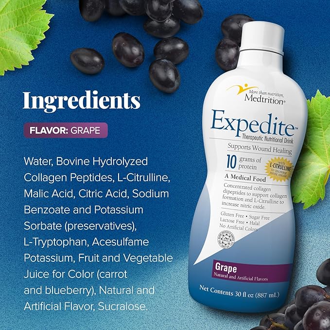 Medtrition Expedite Liquid Collagen Grape 30 Fl Oz Pack of 1 - Nutrition Support for General Orthopedic &amp Cosmetic Surgery Recovery