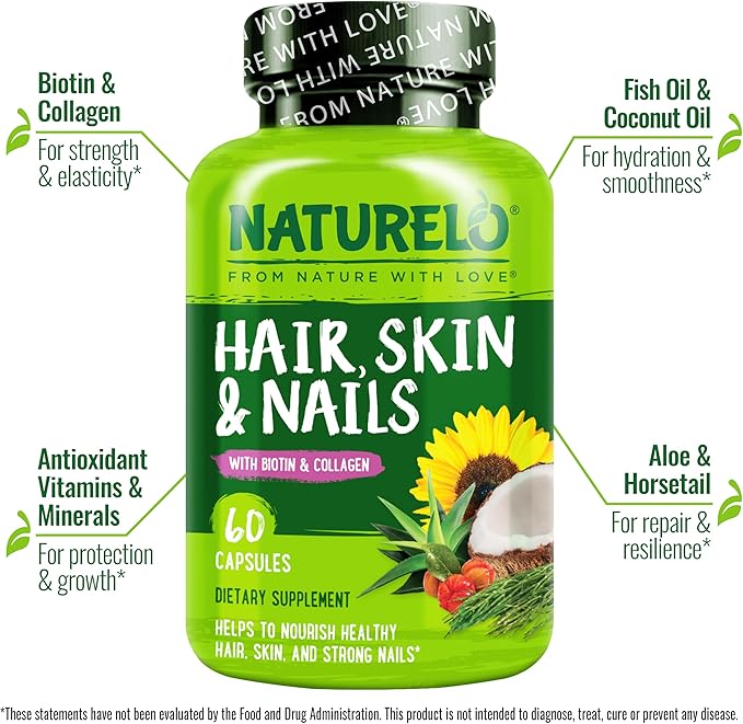 NATURELO Hair Skin and Nails Multivitamin - 60 Capsules and Calcium Supplement - 120 Vegetarian Capsules Bundle