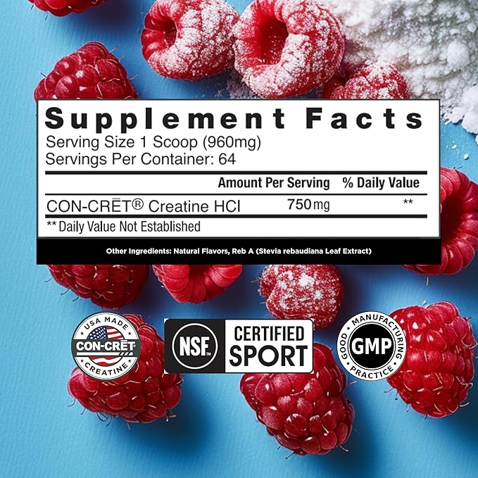 CON-CRET Creatine HCl Powder | Muscle Cognitive Cellular Energy Support | No Bloating or Cramps | USA Made &amp NSF Certified | Raspberry (64 Serving)