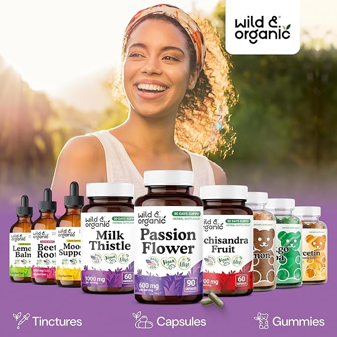 Wild &amp Organic Passion Flower Capsules 600 mg - Calming &amp Mood Support - Passionflower Extract Supplement - Passiflora Incarnata Herb - Vegan No Fillers Non-GMO - 90 Count