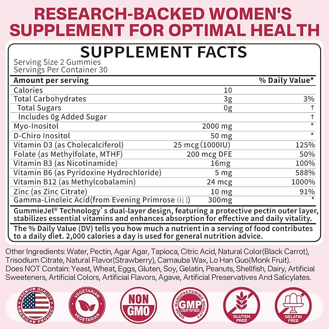 Fiber Gummies for Adults Sugar Free 10g Prebiotic Fiber Supplement + Myo-Inositol &amp D-Chiro Inositol Gummies Supplement