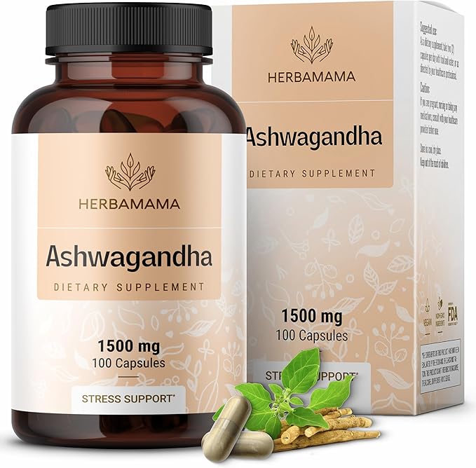 HERBAMAMA Ashwagandha Capsules - 1500mg Pure Ashwagandha Root Focus Supplement - Vegan Non-GMO Mood &amp Calm Support Supplement for Adults 100 Caps
