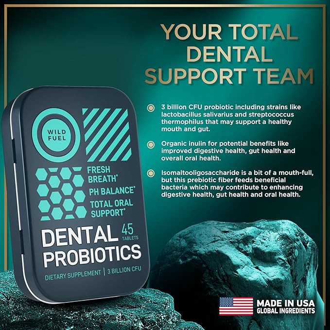 WILD FUEL Oral Probiotics for Teeth Bad Breath Gum Health - 3bn CFU K12 Lactobacillus Paracasei Salivarius Dental Probiotic - Oral Probiotic Mints - 90 Fresh Breath Mint Dental Probiotics Tablets