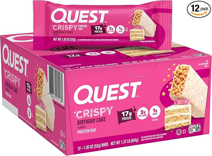 Quest Nutrition Crispy Birthday Cake Protein Bar 17g Protein 1g Sugar 2g Net Carbs Gluten Free Protein Snack Keto Friendly 12 Count